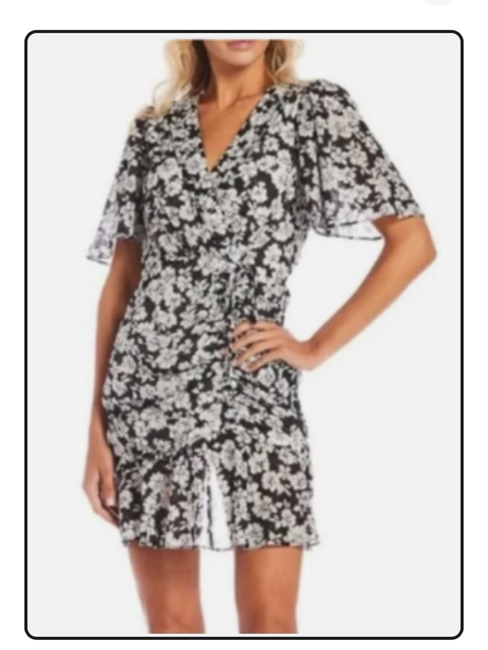 Alex Marie black white floral
Suzy flutter sleeve mini dress front ruching 10